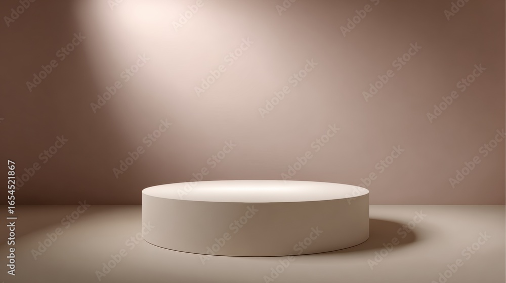 Aufkleber minimalist studio setting features round pedestal illuminated by soft lighting against neutral backd