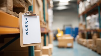 Efficient product packaging audit board with checkmarks displayed in warehouse setting, showcasing organization and attention to detail. This conveys sense of productivity and order