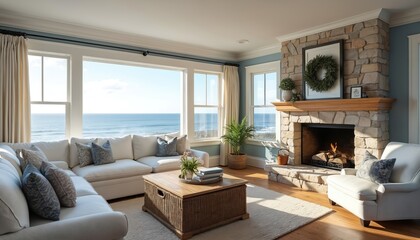 Elegant living room with Cape Cod style, featuring large sectional sofa, armchair facing stone fireplace, ocean view windows. Nautical decor complements serene seaside ambiance, offering luxurious