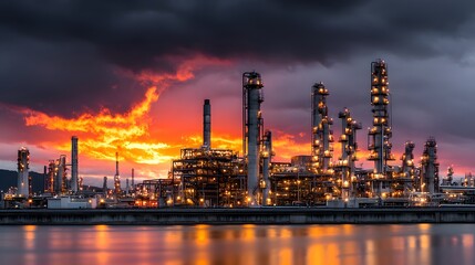 Naklejka premium Striking oil refinery's complex structures are brilliantly illuminated against a dramatic sunset sky, its golden lights creating a powerful image.