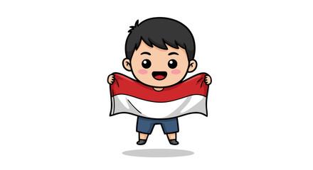 Fototapeta premium Cute cartoon illustration of a smiling Indonesian boy proudly holding a large Indonesian flag, vector art, independence day celebration, against a white background with