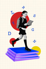 Fototapeta premium Template sketch image composite collage of young schoolgirl run pile book read back school class education university letters alphabet