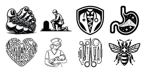 Vector art of collection of medical and healthcare icons and illustrations, including a foot injury, soldier at a grave, medical shield with stethoscope, stomach, heart with instruments, nurse with ba