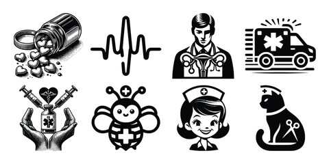 Vector art of assortment of medical and healthcare symbols and graphics, featuring a pill bottle, heartbeat line, doctor with uterus, ambulance, syringes with heart, bee, nurse, and cat with scissors,