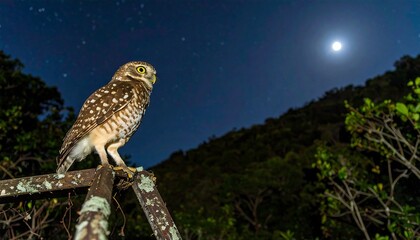 A spotted owl perches on a metal structure under a luminous night sky, showcasing the nocturnal wildlife of a forested mountainside.
