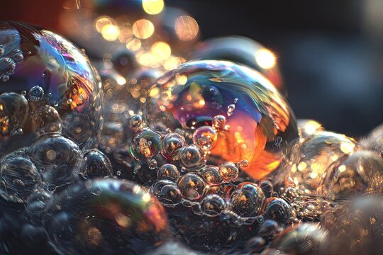 Close-up of iridescent soap bubbles reflecting light - Powered by Adobe