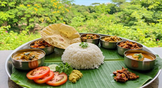 "Autentico Thali indiano servito con dal, sabzi, chutney e roti"