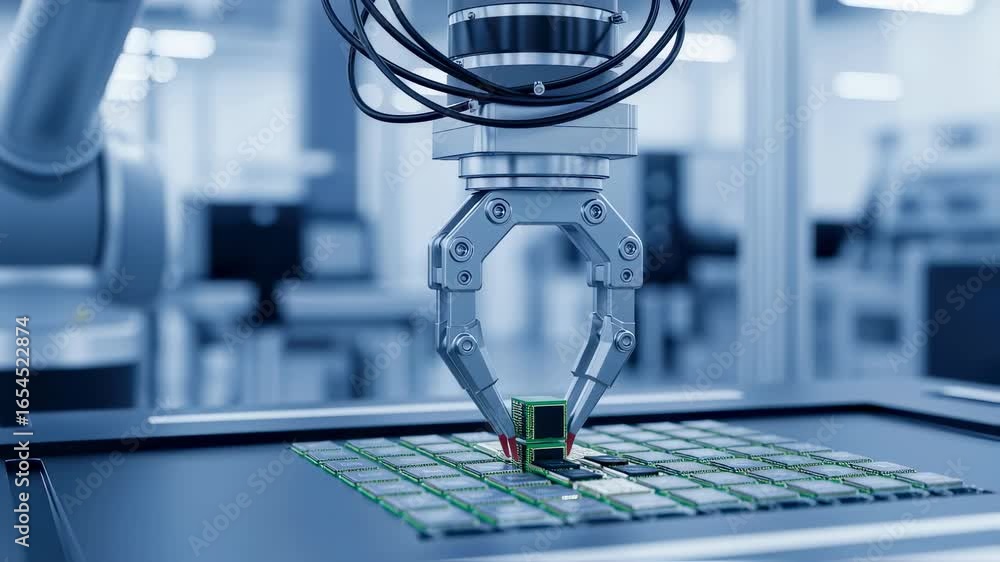 Aufkleber closeup of robot gripper handling intricate components in electronics production.