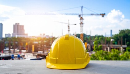 A vibrant yellow hard hat symbolizes essential safety and progress, prominently overseeing a construction site with cranes, illustrating dynamic urban development.