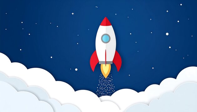 A stylized rocket ship ascends through the night sky, launching from a cloud formation, in a simple, vibrant design.