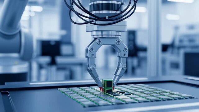 Closeup of robot gripper handling intricate components in electronics production.