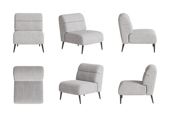 Set of six views of an elegant light grey chair with a boucle cover, and black legs isolated in a transparent background. Front view, side views, top view, and perspectives. 3d rendering