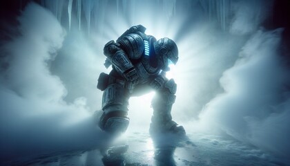 Fototapeta premium First-person shooter game character with light background 