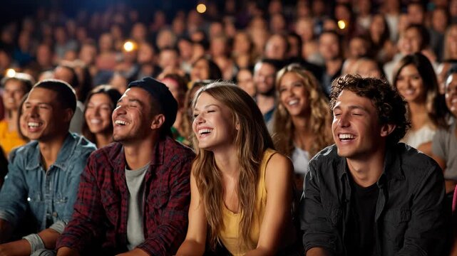 Happy young people watching comedy movie together in crowded cinema theater with big smiles