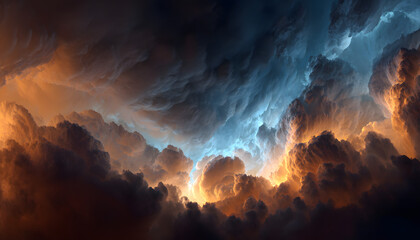 Surreal vortex of storm clouds illuminated by fiery orange and cool blue light, a dramatic and powerful abstract sky background representing chaos and energy.