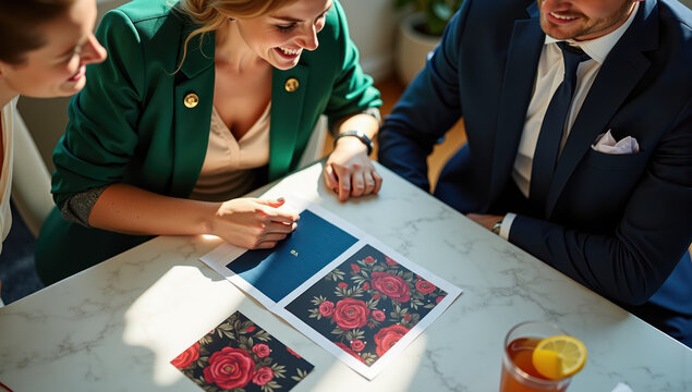 Business meeting creative team floral design print sample professional attire collaboration discussion planning cheerful mood modern office