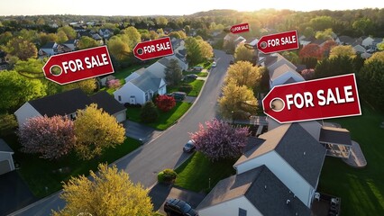 Sunset over an American neighborhood with "For Sale" signs animated above houses. Animated tags appear on houses. Real estate theme. Aerial during golden hour