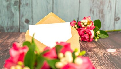 Obraz premium A light beige envelope, containing a blank white card, sits amongst a bouquet of deep pink flowers on a dark wooden surface.