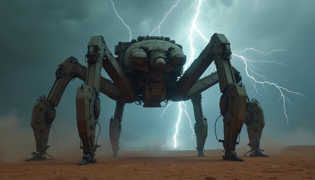 Massive spider-like war machine stands in storm-tossed desert landscape. Lightning strikes grey, metallic heavy machinery. Powerful, dangerous robot features advanced technology, detailed mechanical