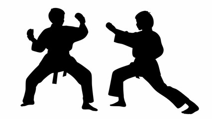Two silhouette figures in karate stances facing each other in a fighting position on a white background