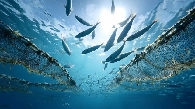 Underwater view of fish swimming above fishing nets in clear blue ocean with sunlight shining through water