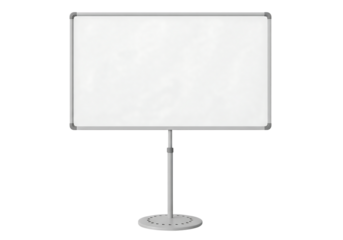 Empty white presentation board on a stand, classroom or office whiteboard. Isolated on transparent background, png