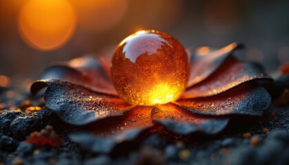 Macro photo of fiery orange orb resting on charred dark flower petals. Scene features glowing sphere with intricate details, water droplets, dramatic contrast between light, shadow. Surreal, vibrant