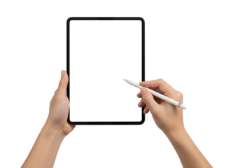 Hands holding a tablet with a stylus and blank white screen mockup. Isolated on transparent background, png
