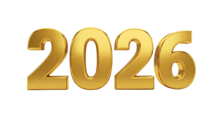 Golden 3D number 2026, Happy New Year or calendar year symbol. Isolated on transparent background, png