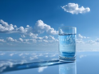 青空と雲を映すグラスの水