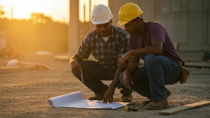 African American engineers collaborating on construction site plans at sunset - Powered by Adobe