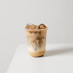 Layered iced latte with milk and espresso gradient in a plastic cup on white background. Modern product photo for cafe menu, packaging, mockups, and delivery apps.