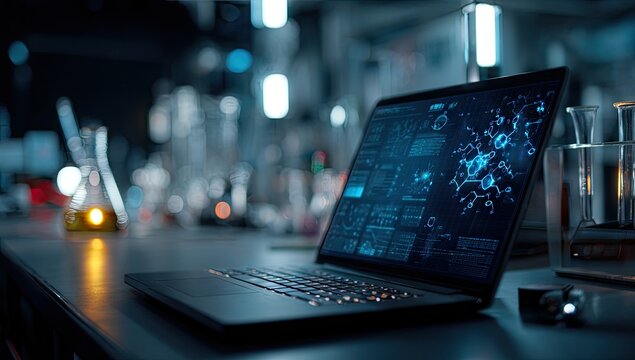 Laptop on lab table with glowing scientific data overlay