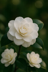 white camellia flower with glossy green leaves