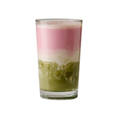 Layered Matcha, Cream, and Strawberry Smoothie in Glass