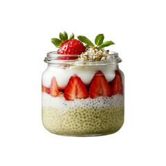 Delicious Layered Chia Seed Pudding Parfait with Strawberries and Yogurt in a Glass Jar