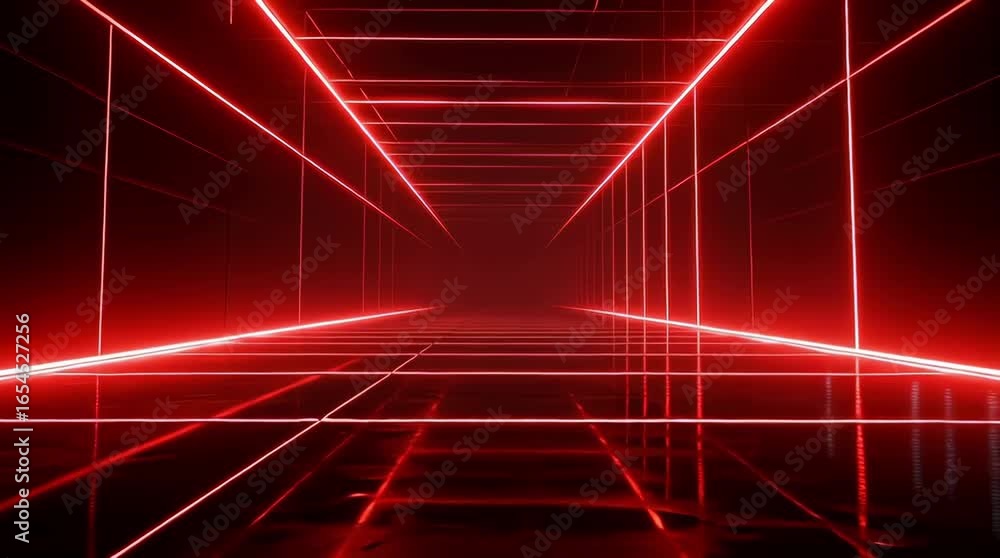 Poster futuristic red neon laser tunnel with glowing light grid reflections creating a sci fi corridor pers