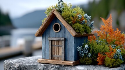 Artistic Birdhouse Decorated with Moss and Ferns on a Scenic Background