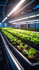 Rows of young plants under grow lights