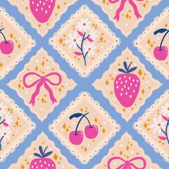 adorable strawberry, cherry, ribbon and flower seamless pattern with cream blue and magenta tones