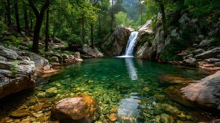Obraz premium Beautiful waterfall cascades into a clear, shallow pool within a lush green forest. Smooth stones are visible through the transparent, pristine water.