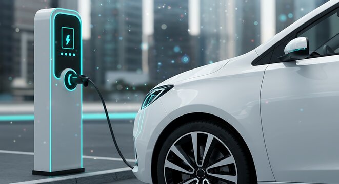 Electric car charging at futuristic station with glowing digital interface