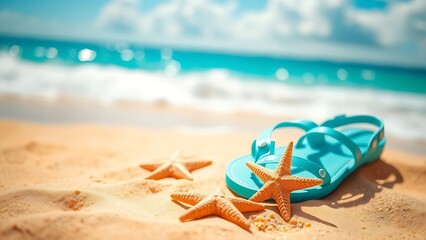 Summer beach scene with starfish and turquoise sandals on golden sand, evoking coastal relaxation.