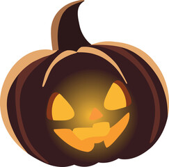 Spooky Halloween Jack-o’-lantern pumpkin illustration with glowing face, dark brown shell, and bright orange light inside. Perfect for festive Halloween decor and design projects.