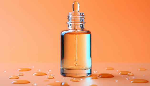 Glass Jar with Cosmetic Oil on Orange Background