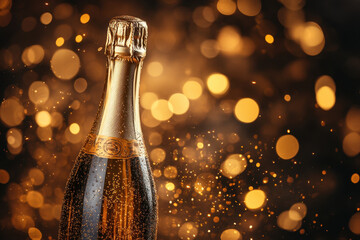 A bottle of champagne with a gold bow.