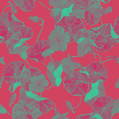 Seamless watercolor pattern of nasturtium flowers, and lush green leaves in modern pink colors. Neon florals on magenta background illustration. Design for textile, fabric, print, covers, wallpaper.
