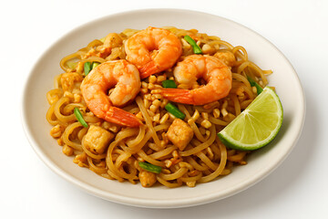 Delicious and authentic Pad Thai stir-fried rice noodles with succulent shrimp, tofu, and peanuts, garnished with lime, on a white plate. A classic, flavorful Thai dish.