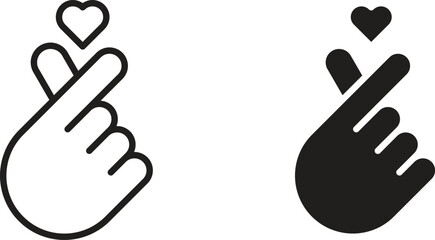 Simple line art and solid black illustration of a Korean finger heart gesture with a small heart icon above.