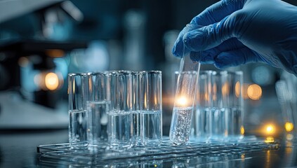 A gloved hand holds a test tube, filled with a liquid, over a rack of other test tubes.  A laboratory setting is in the background